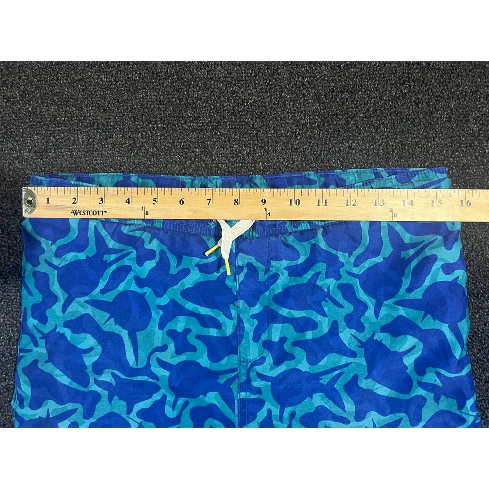 Lands End Boys Blue Shark Camo Swim Trunks Size L 14-16 Mesh‎ Lined Board Shorts